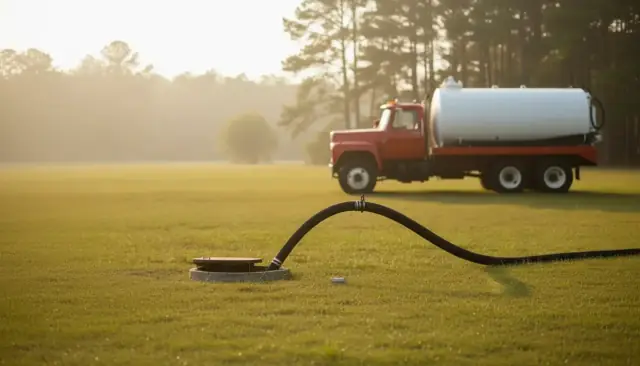 A vacuum suction hose running across grass from an open septic riser to a red and white pump truck