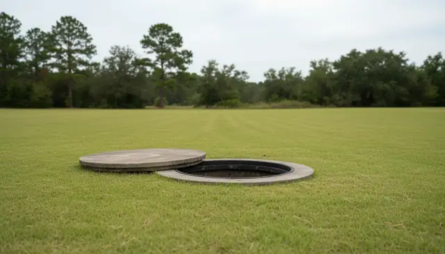 A concrete septic tank lid lifted clear and resting on the grass beside the open riser